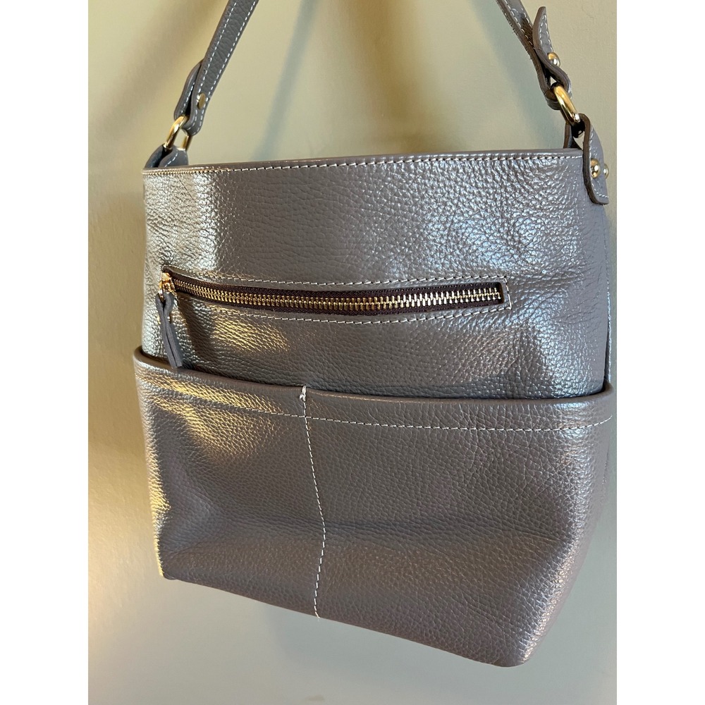 Valentina Grey Pebbled Genuine Leather Shoulder Bag Made in Italy Hobo Purse - Picture 3 of 12